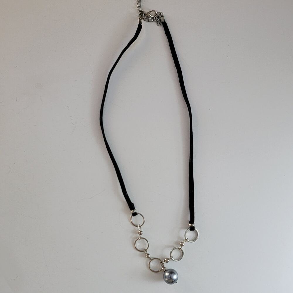 Vintage Black Cord Necklace with Silver Rings Gray Bead Pendant Jewelry 18 Inch